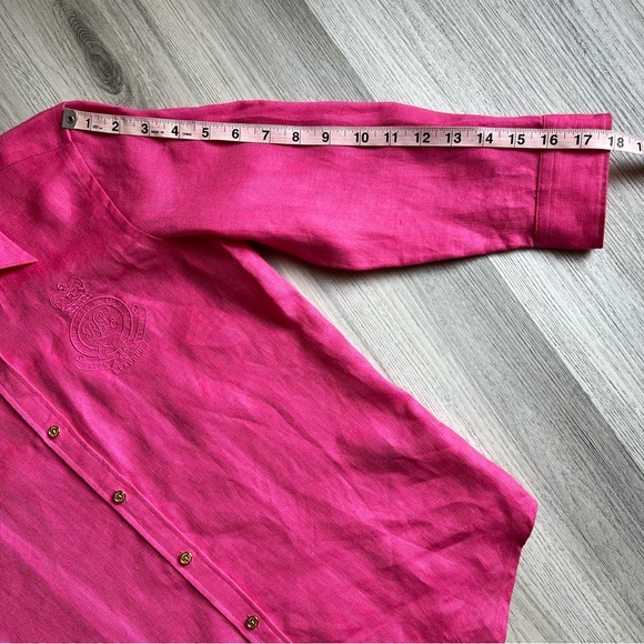 Ralph Lauren Petite Small Embroidered Crest Linen Women’s Shirt Fuchsia Pink - Picture 14 of 16